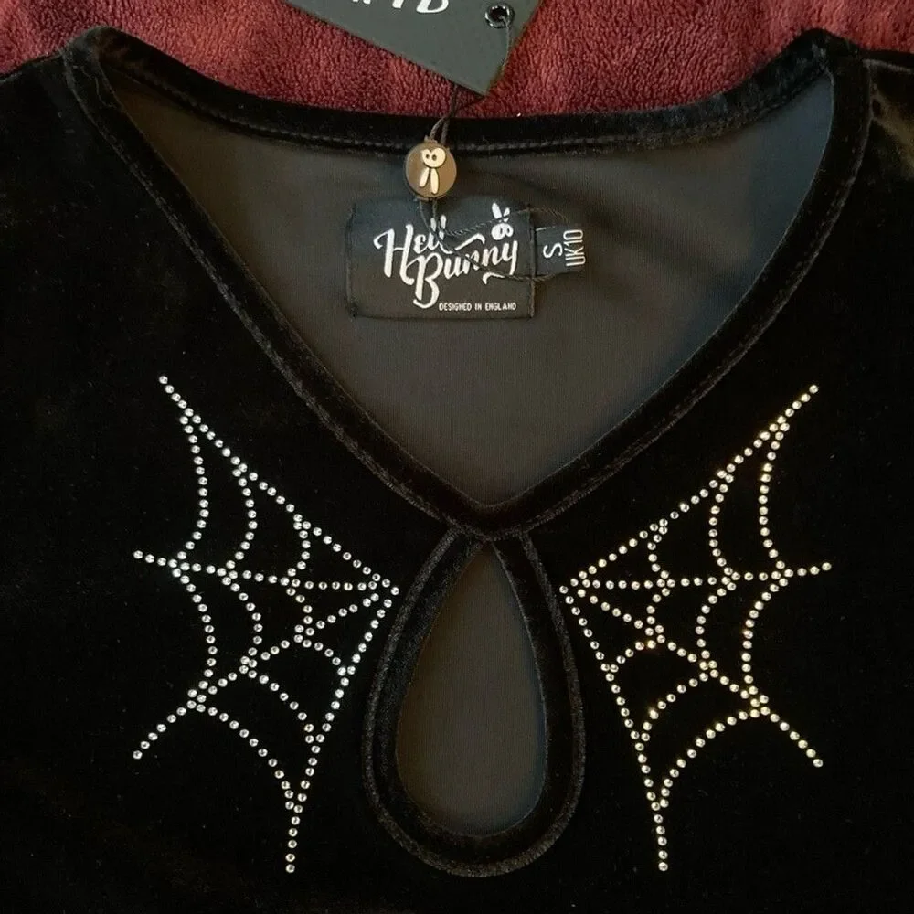 NWT Hell Bunny Black Velvet Spider Web shirt -S UK 10 - Picture 2 of 6